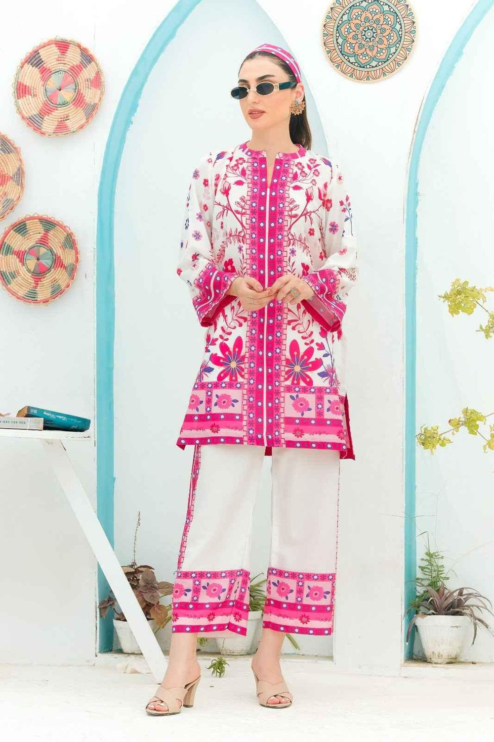 Pink & White floral 2 Piece stitched Suit Y-25