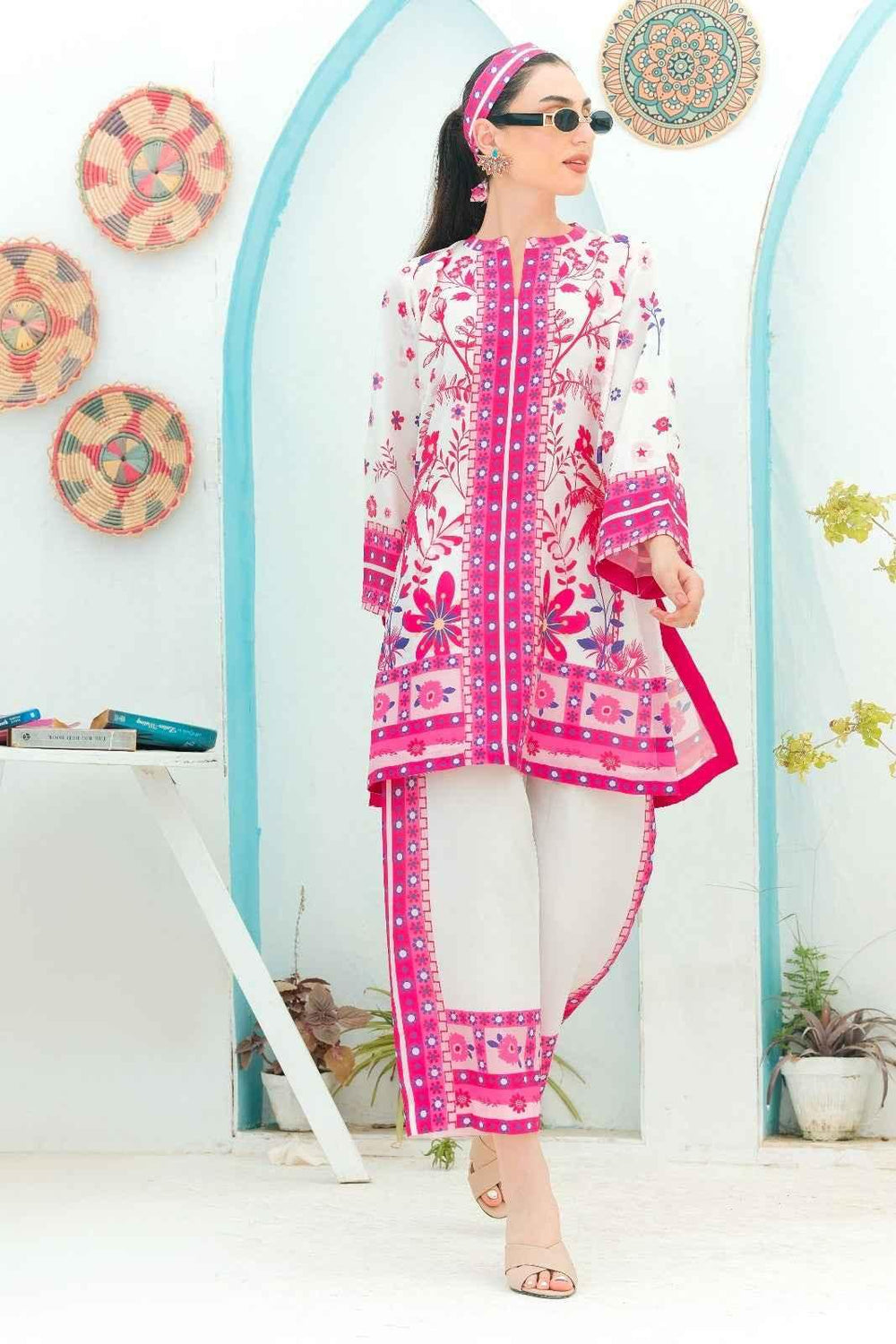 Pink & White floral 2 Piece stitched Suit Y-25