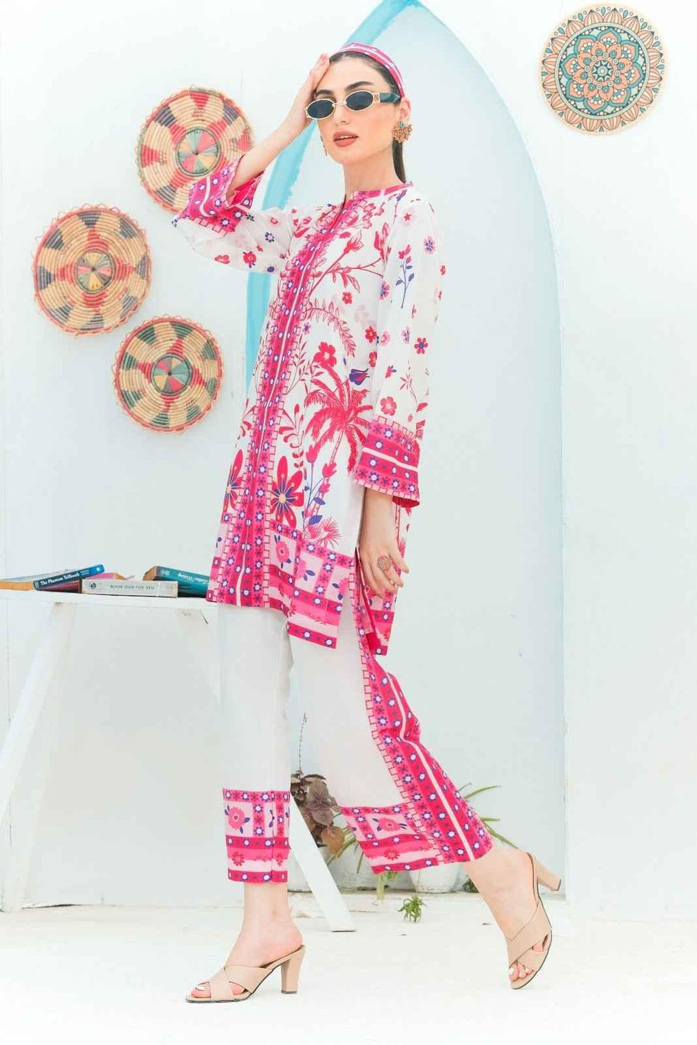 Pink & White floral 2 Piece stitched Suit Y-25