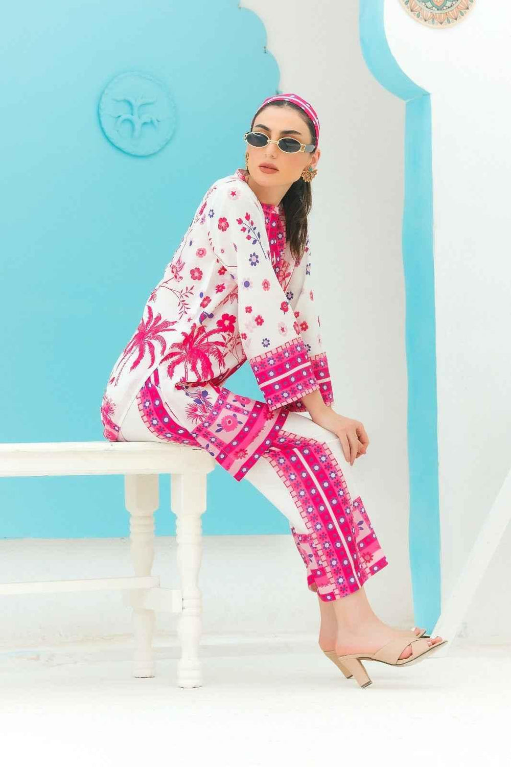 Pink & White floral 2 Piece stitched Suit Y-25