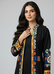 Black Ethnic Print Long Shrug 2-Piece Set (YL 13)