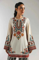 Beige Multicolor Printed Kurti with Stylish Button Neckline Y 126