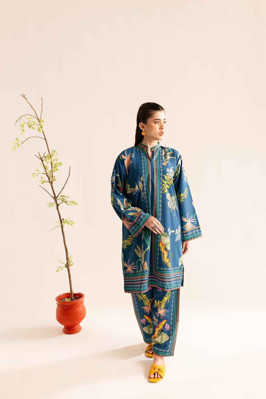 Tropical Bloom Deep Blue Two-Piece Suit Y-44