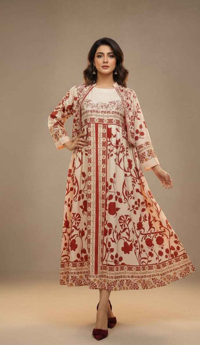 Elegant Traditional Print Koti Style Maxi 2-Piece (YL 114)
