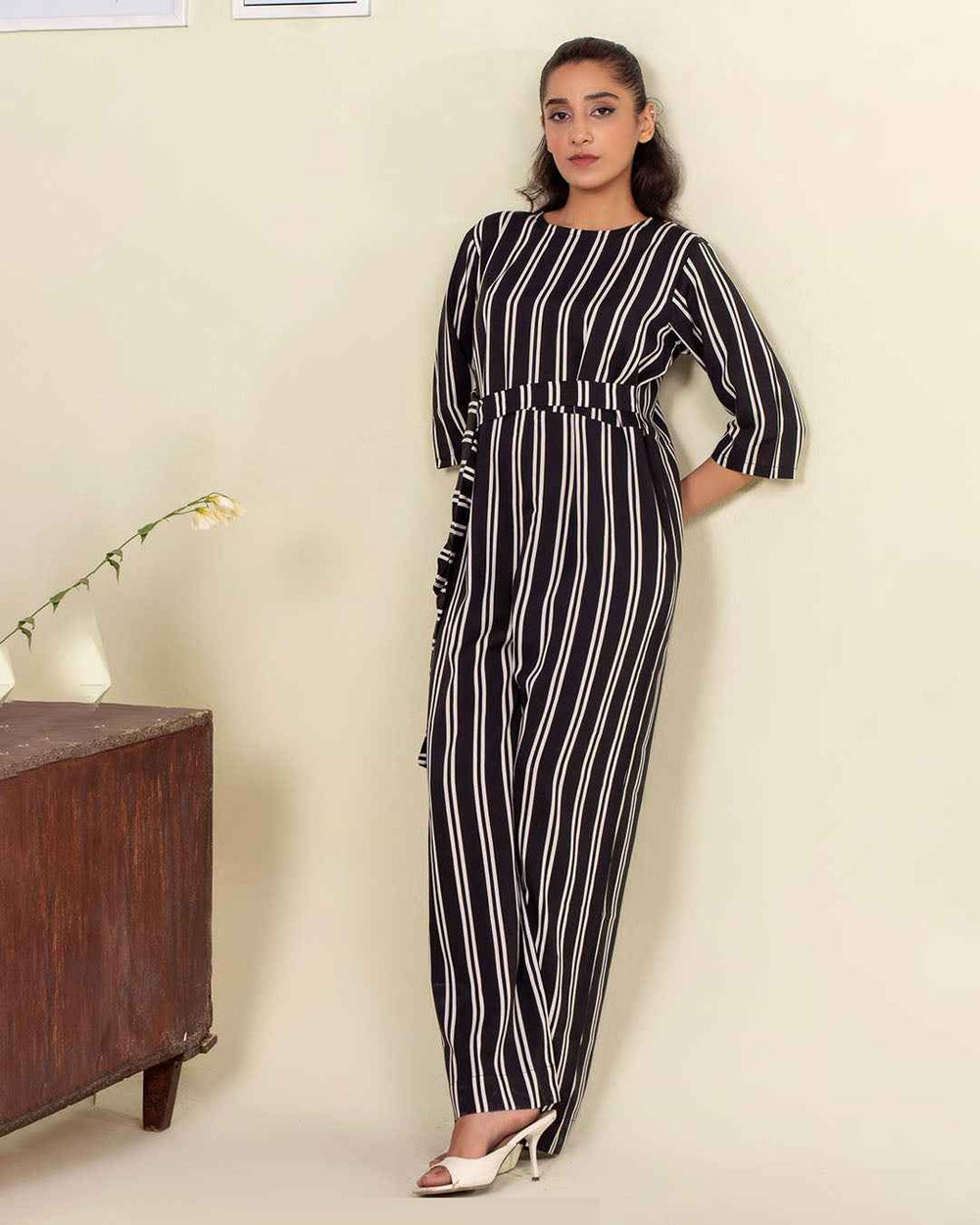 Black and White Striped Jumpsuit – YL-21 Crepe Elegance