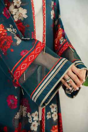 Long Open Duster Jacket in Teal & Red Print ( YL- 47 )