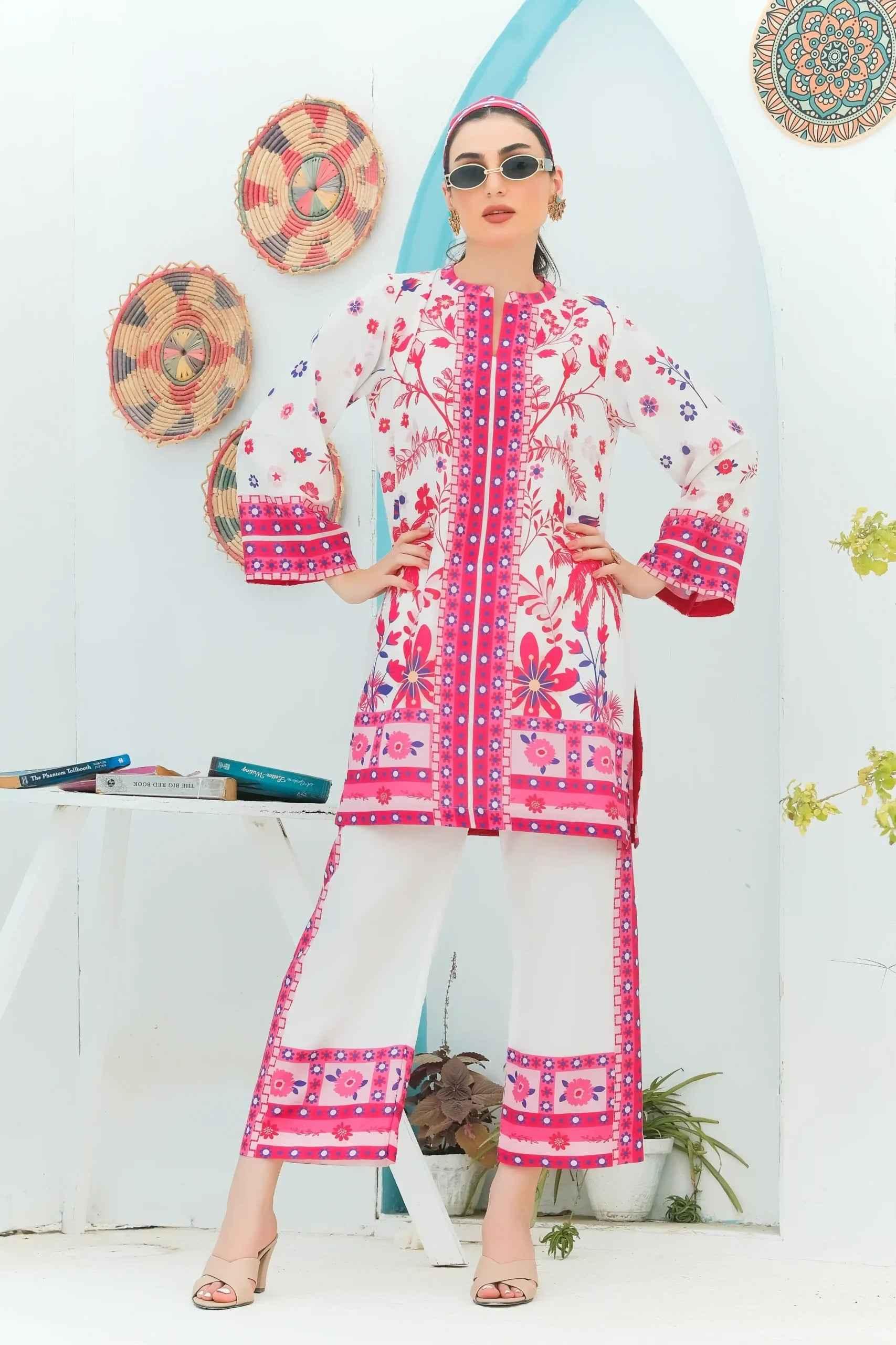 Pink & White floral 2 Piece stitched Suit Y-25