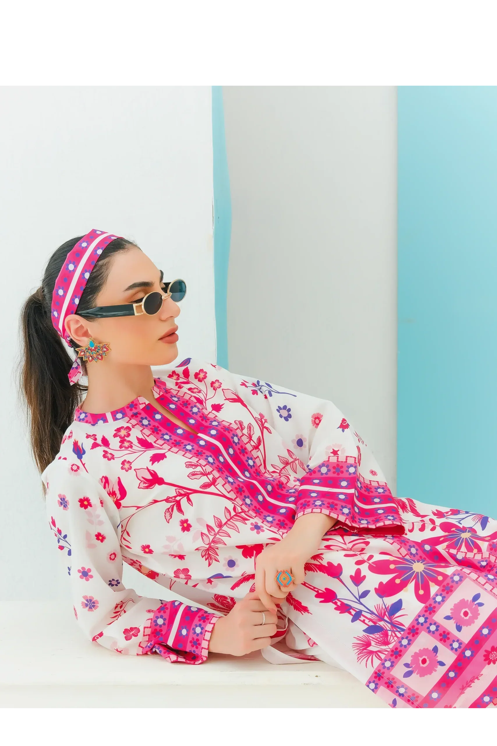 Pink & White floral 2 Piece stitched Suit Y-25