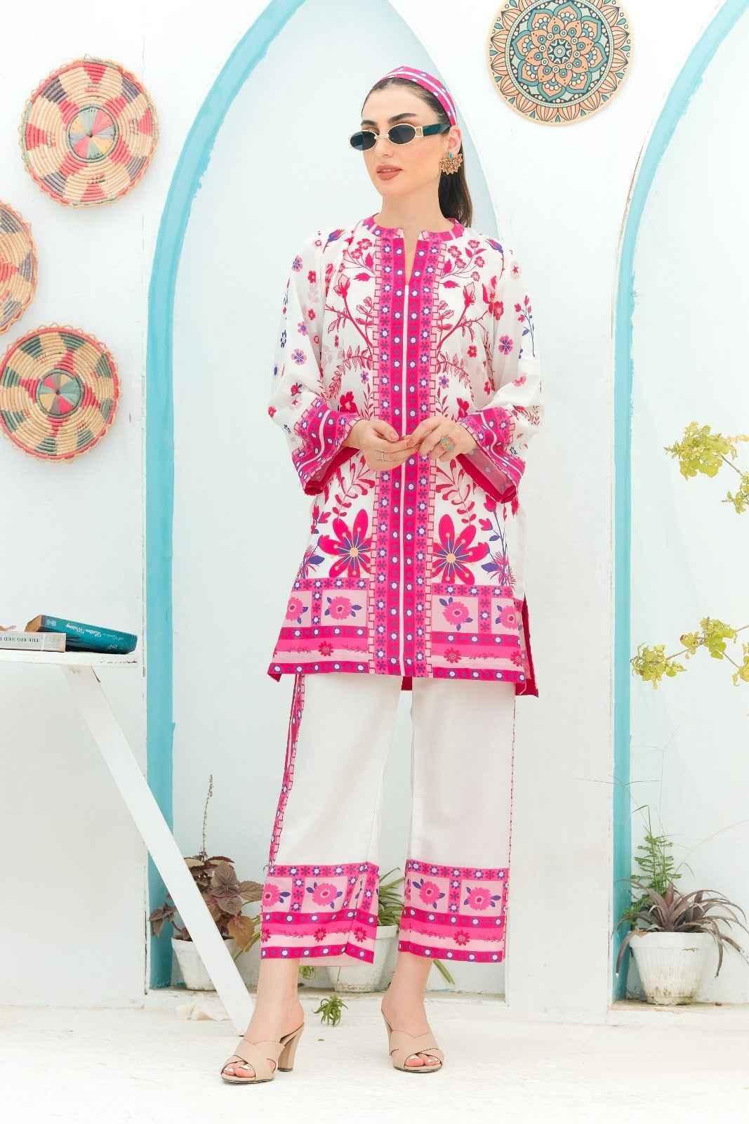 Pink & White floral 2 Piece stitched Suit Y-25