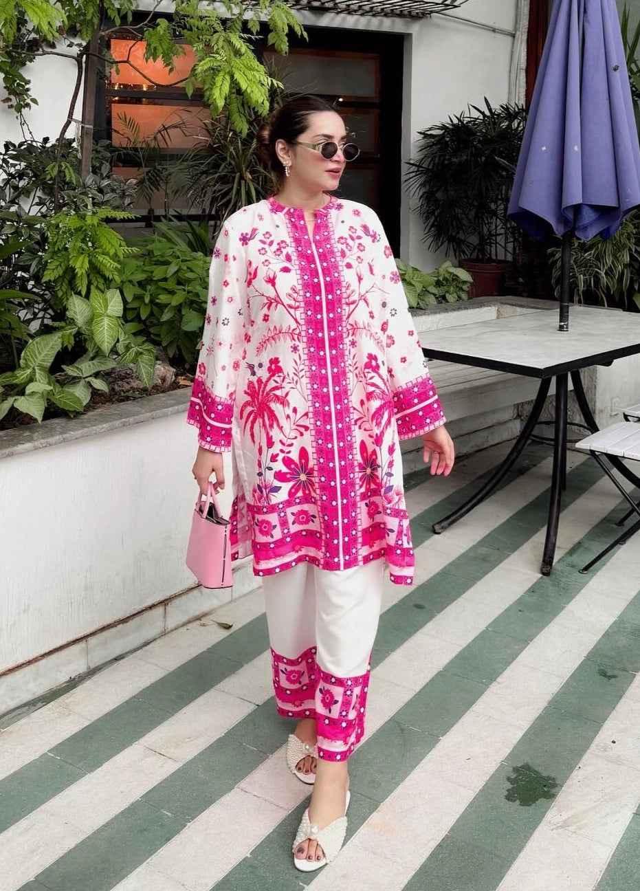 Pink & White floral 2 Piece stitched Suit Y-25