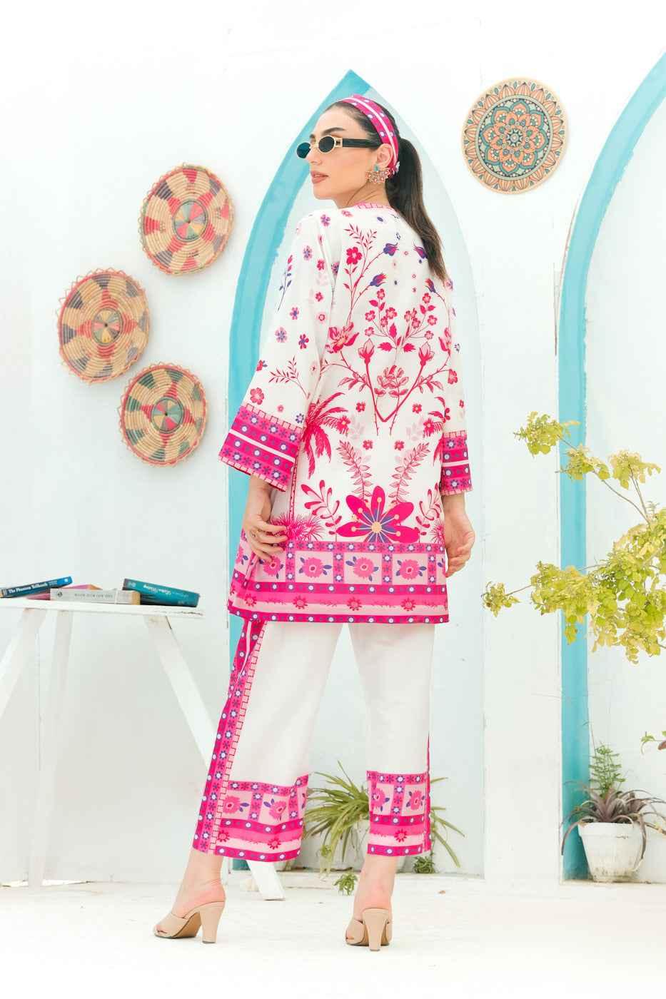 Pink & White floral 2 Piece stitched Suit Y-25