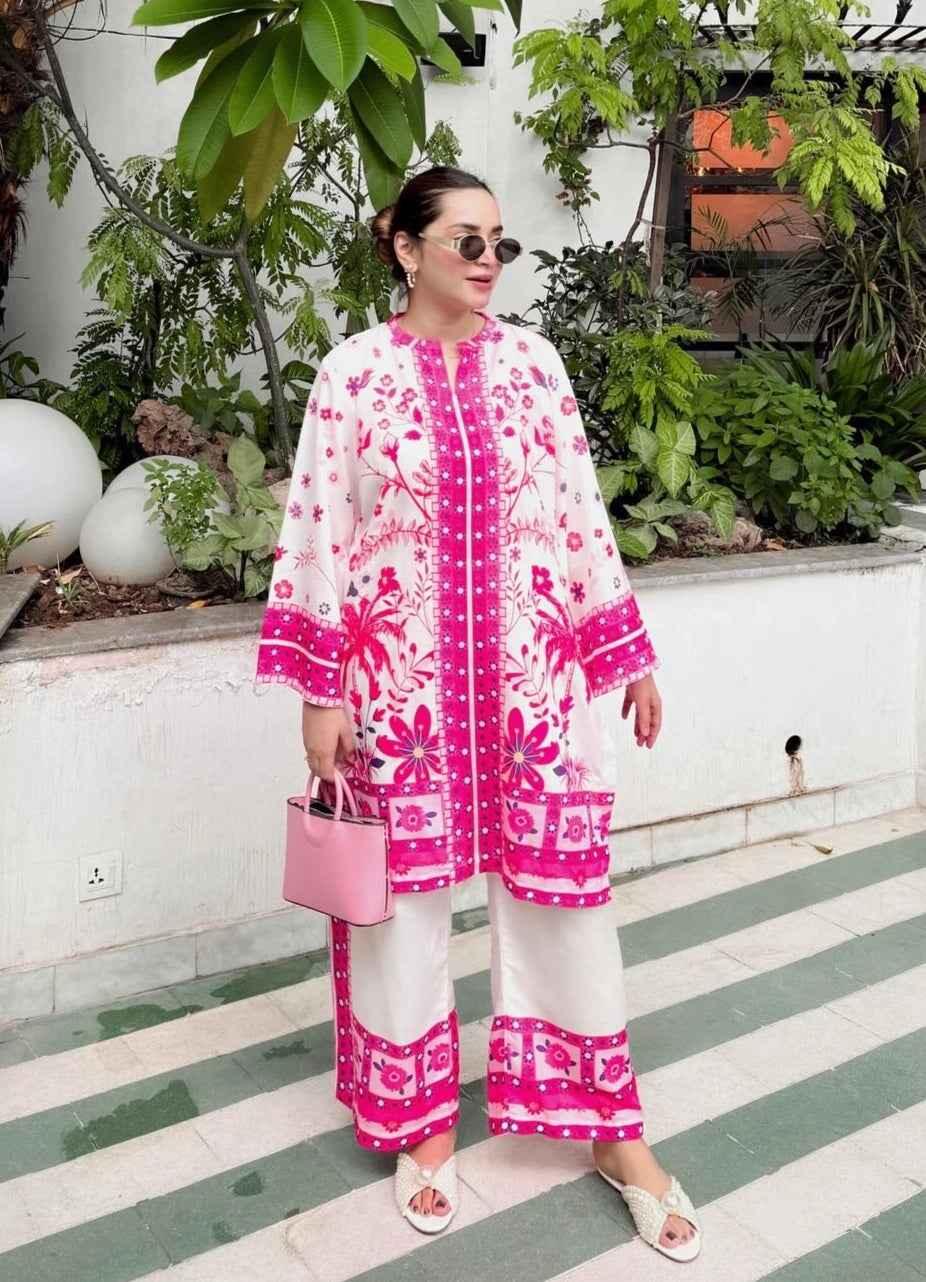 Pink & White floral 2 Piece stitched Suit Y-25