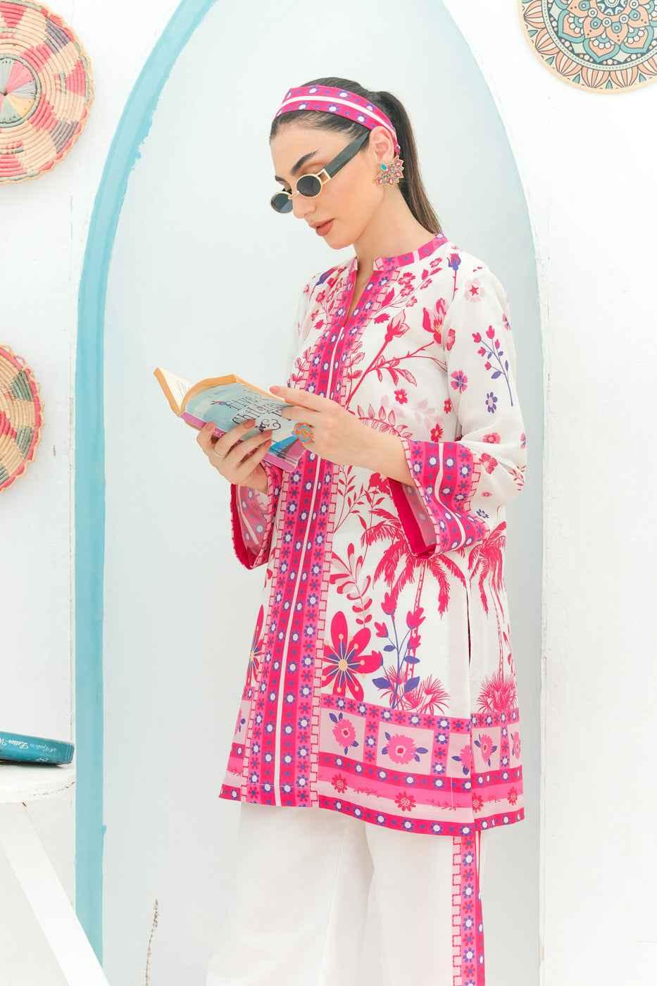 Pink & White floral 2 Piece stitched Suit Y-25