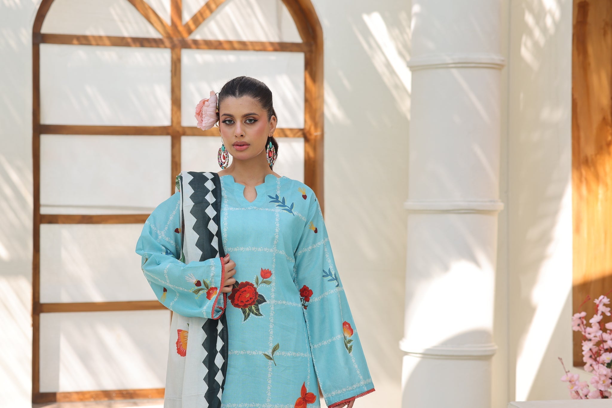 ZZ-UN-26014 Aqua Floral Elegance  Unstitched 3-Piece Printed Lawn