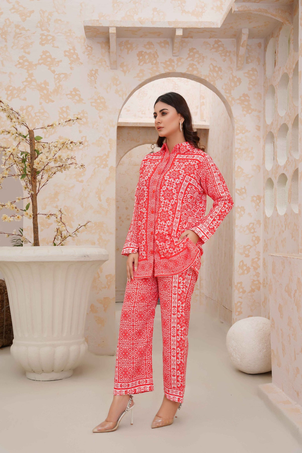 Red Geometrical Ethnic Two-Piece Set for Stylish Outfits - 147