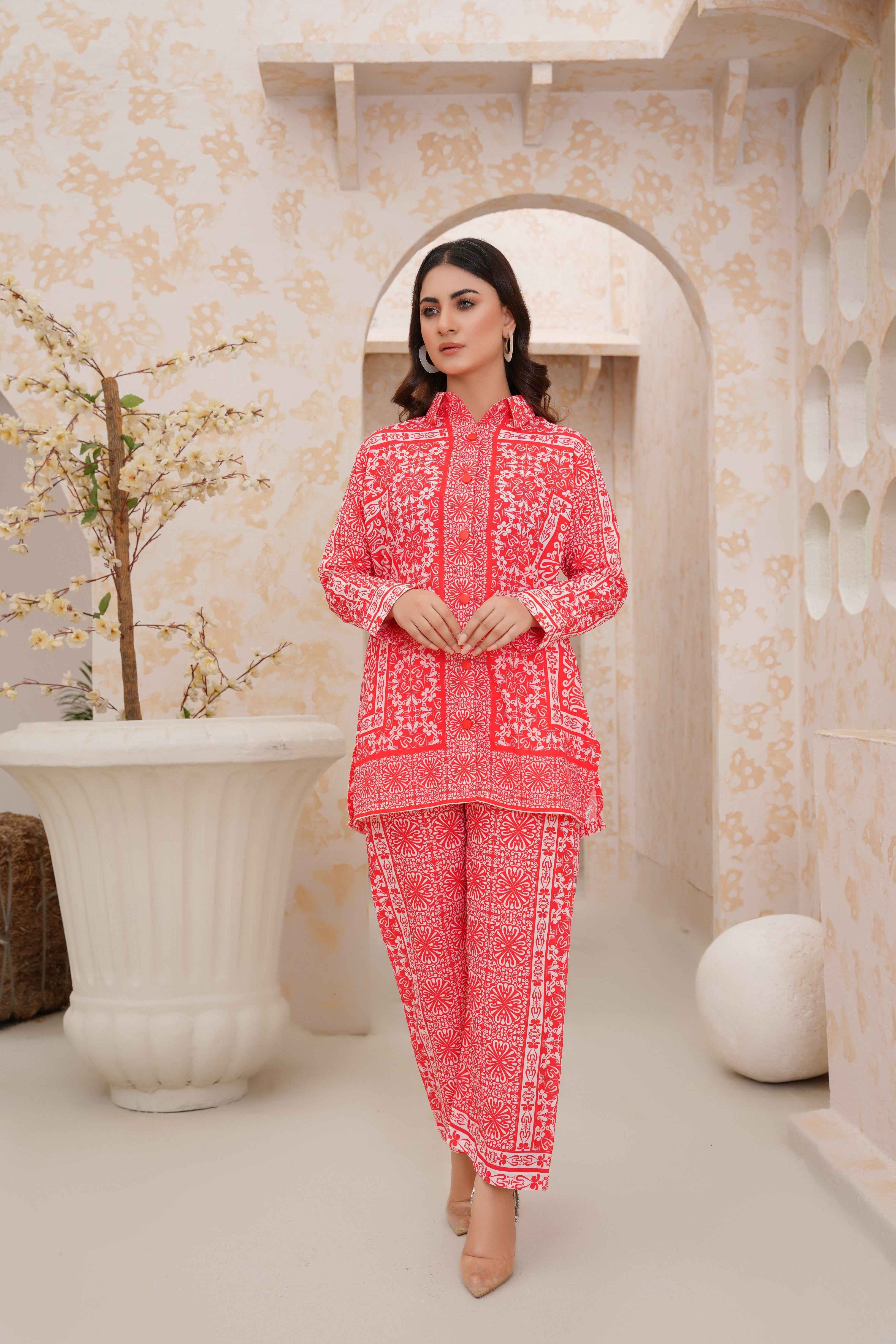 Red Geometrical Ethnic Two-Piece Set for Stylish Outfits - 147
