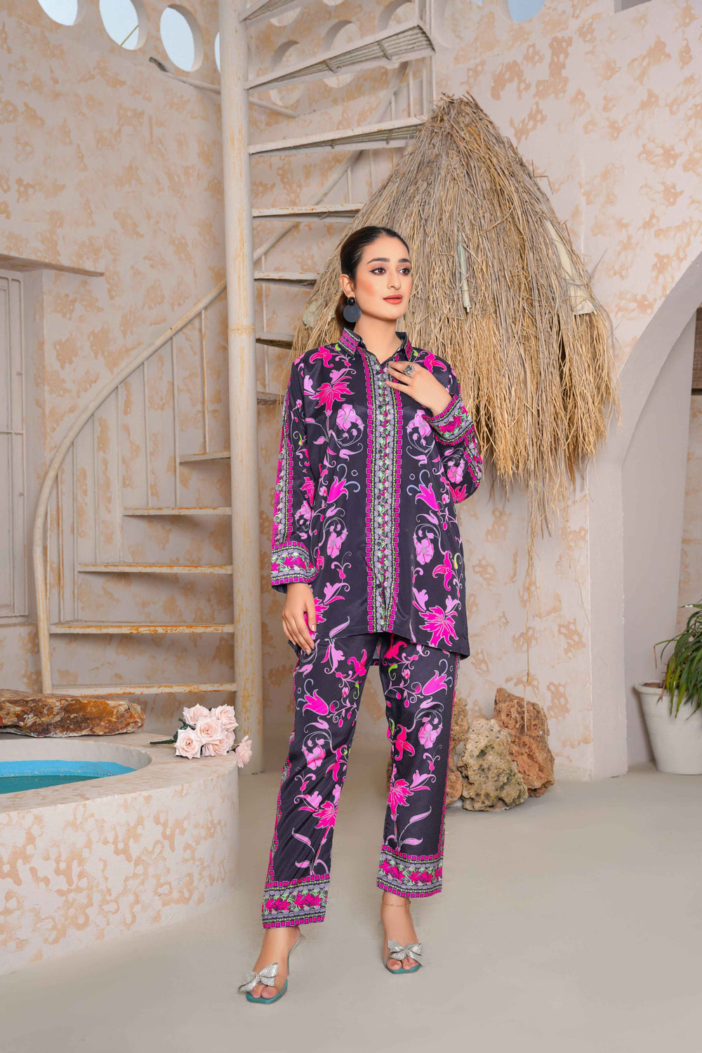 Floral-Printed 2 Piece Stitched Co-ord Set – Purple & Pink Shirt with Trouser -SJ 151