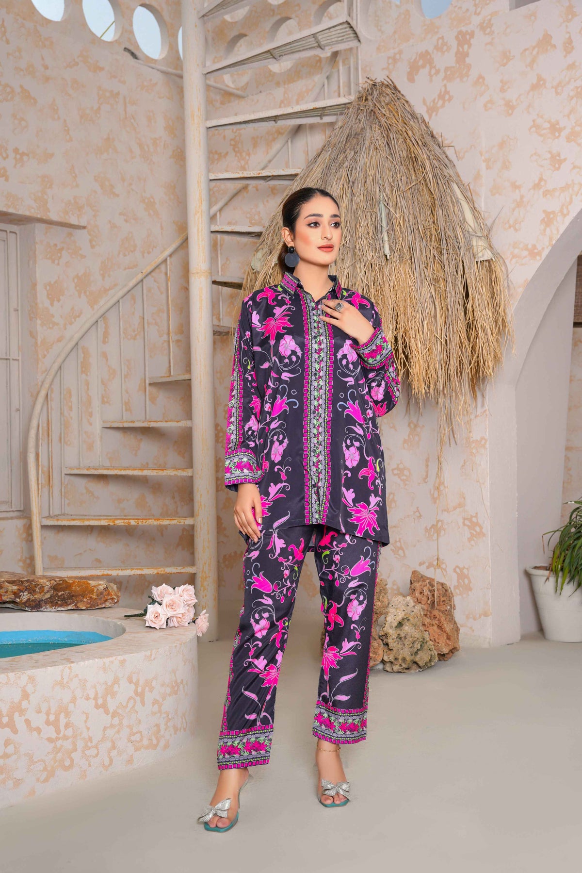 Floral-Printed 2 Piece Stitched Co-ord Set – Purple & Pink Shirt with Trouser -SJ 151