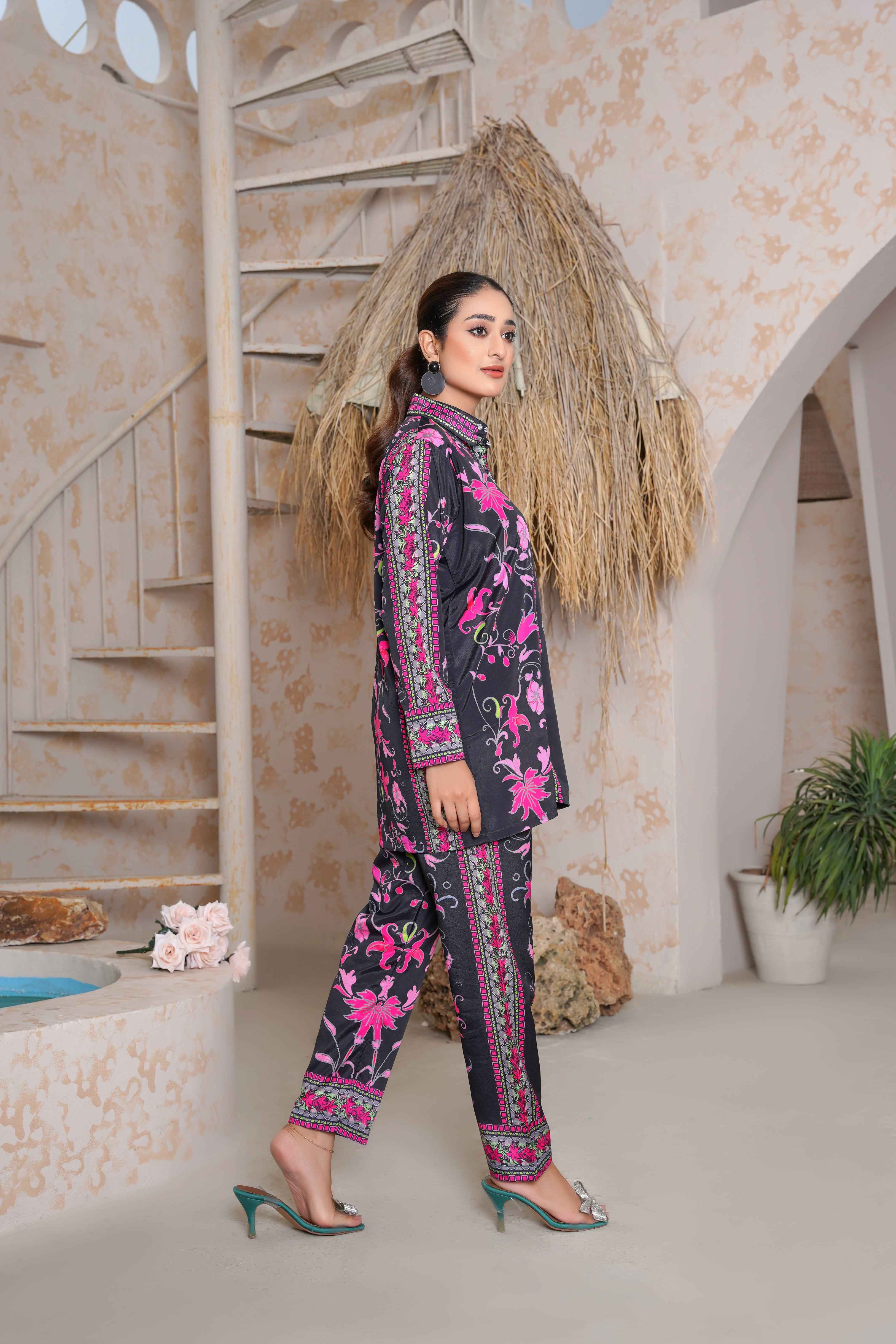 Floral-Printed 2 Piece Stitched Co-ord Set – Purple & Pink Shirt with Trouser -SJ 151