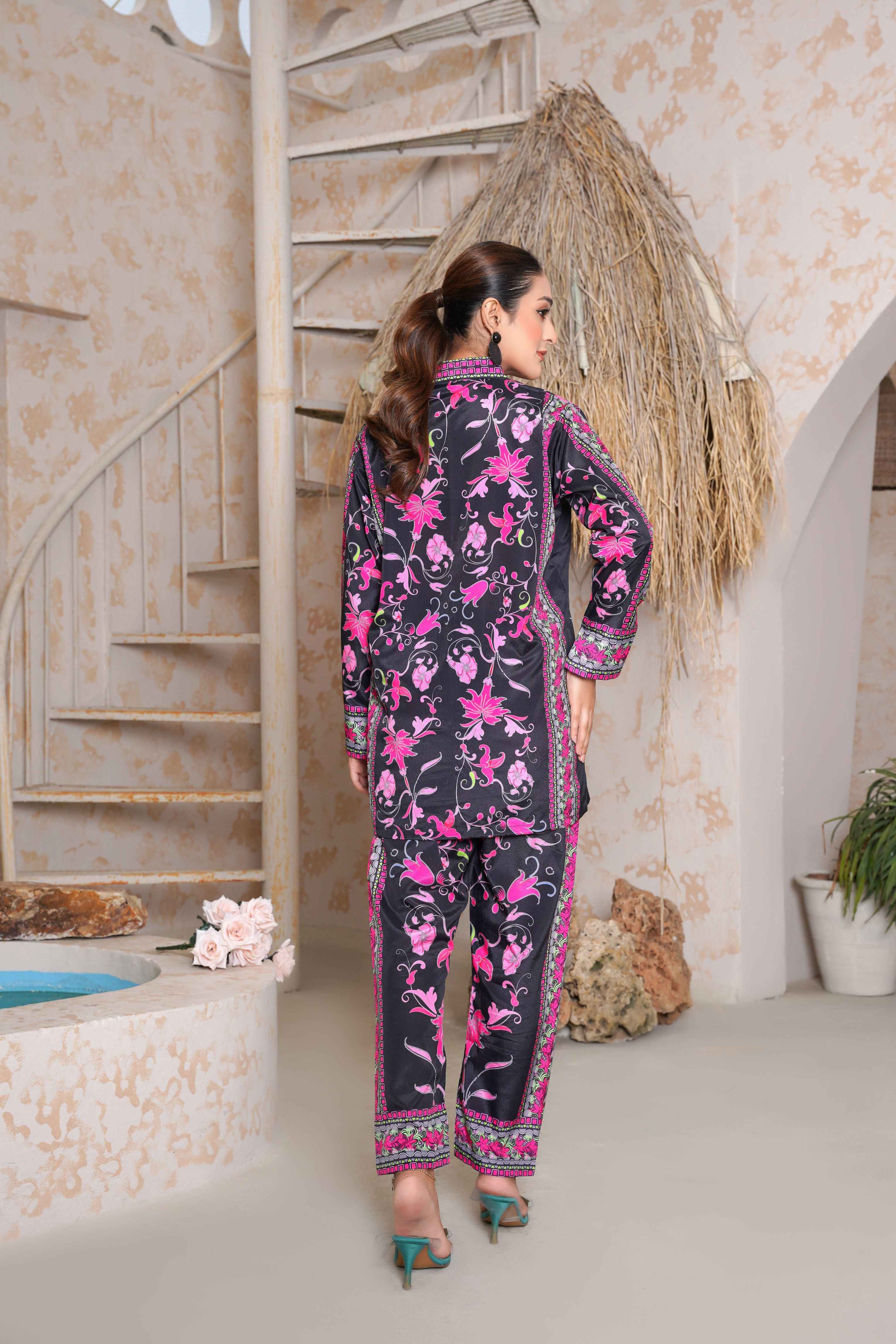 Floral-Printed 2 Piece Stitched Co-ord Set – Purple & Pink Shirt with Trouser -SJ 151