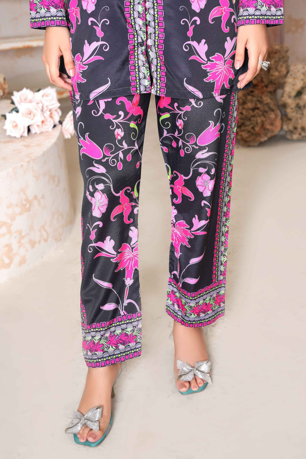 Floral-Printed 2 Piece Stitched Co-ord Set – Purple & Pink Shirt with Trouser -SJ 151