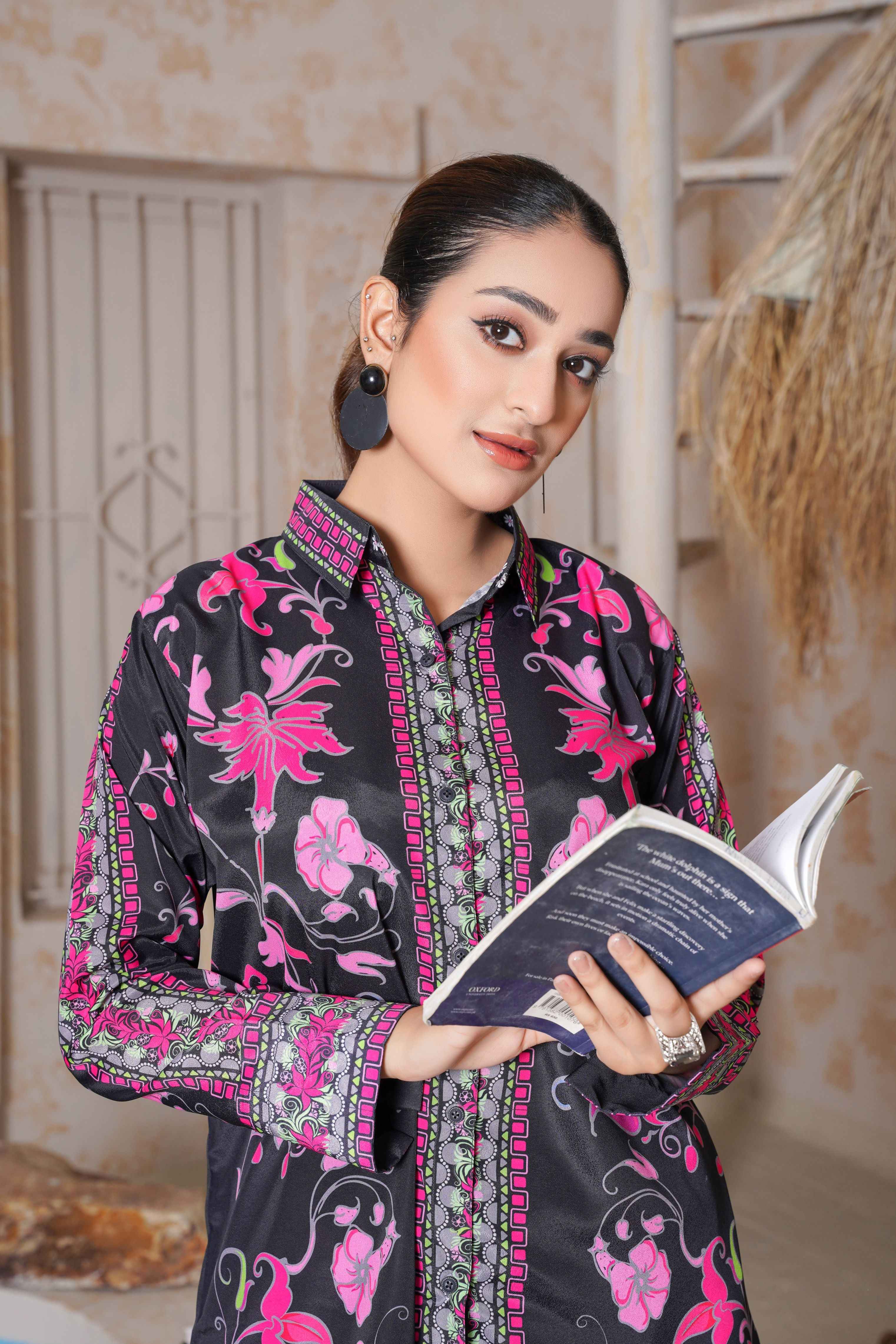 Floral-Printed 2 Piece Stitched Co-ord Set – Purple & Pink Shirt with Trouser -SJ 151