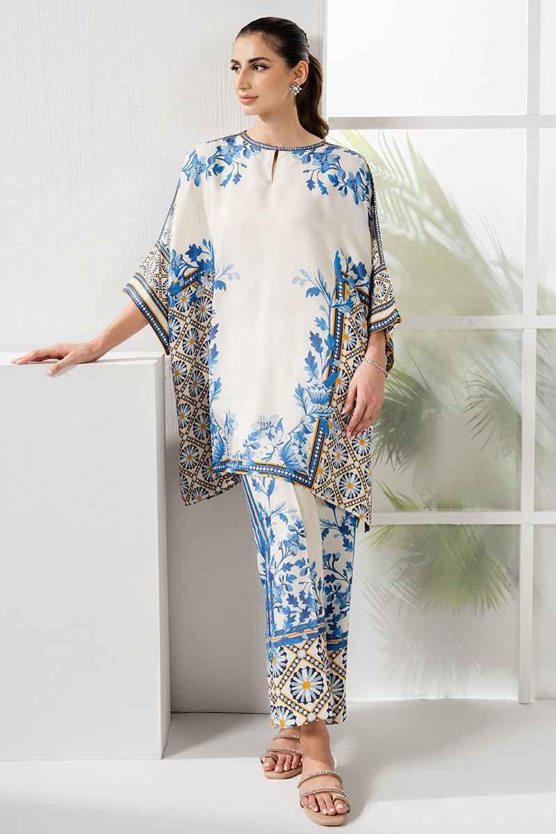 Elegant White and Blue Digital Stitched Printed Suit Y-1