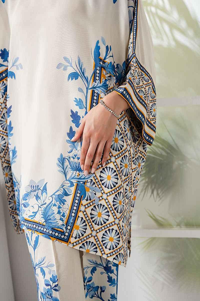 Elegant White and Blue Digital Stitched Printed Suit Y-1