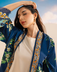 Vibrant Blue Floral Printed Long Open gown 3 Piece