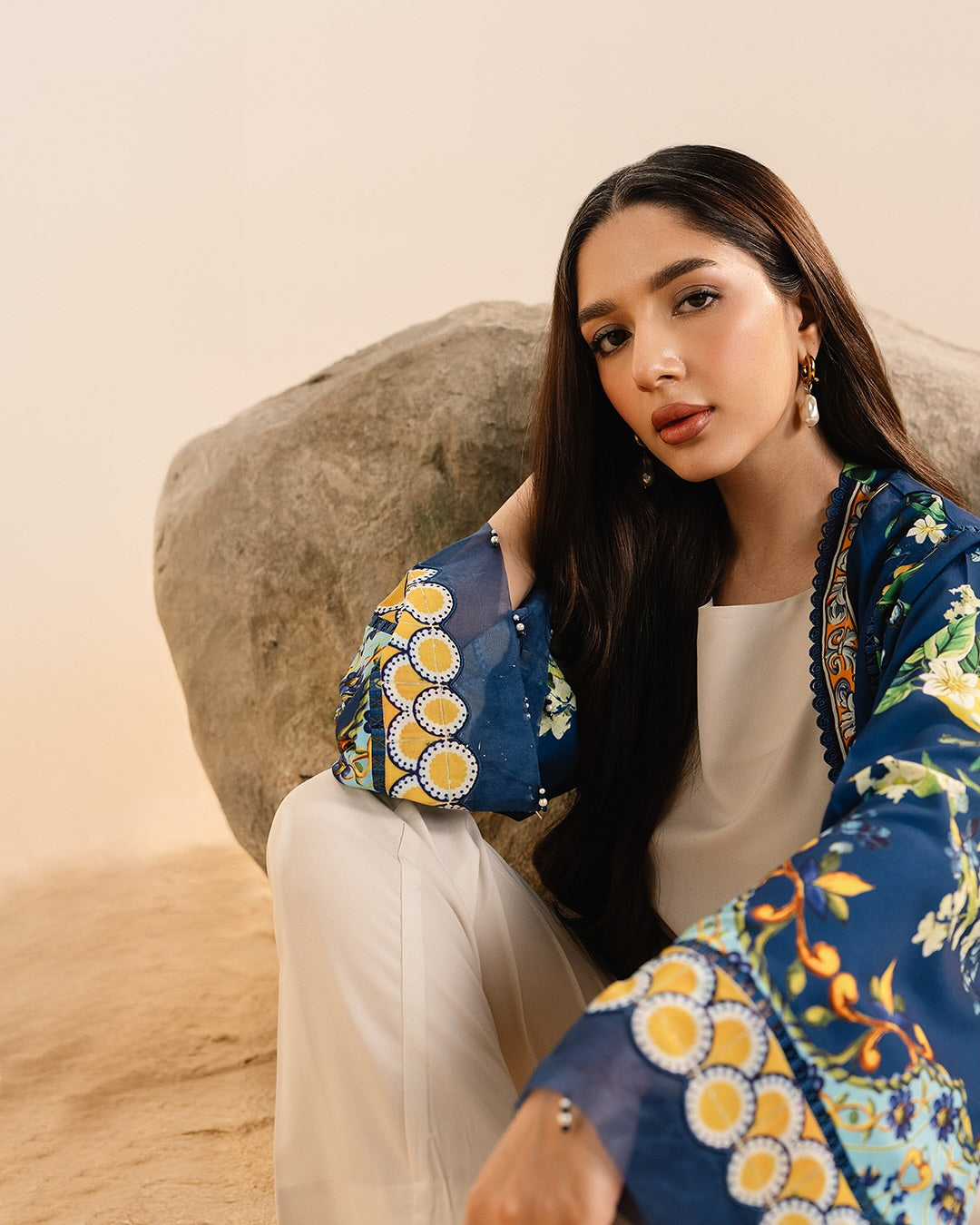 Vibrant Blue Floral Printed Long Open gown