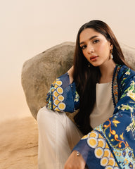 Vibrant Blue Floral Printed Long Open gown 3 Piece