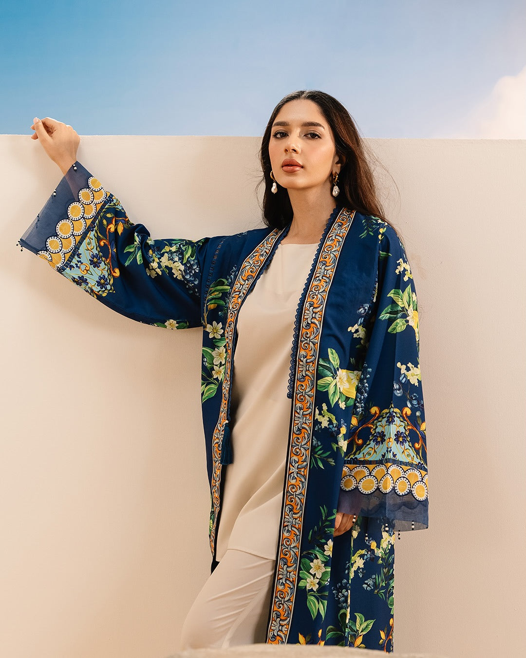 Vibrant Blue Floral Printed Long Open gown