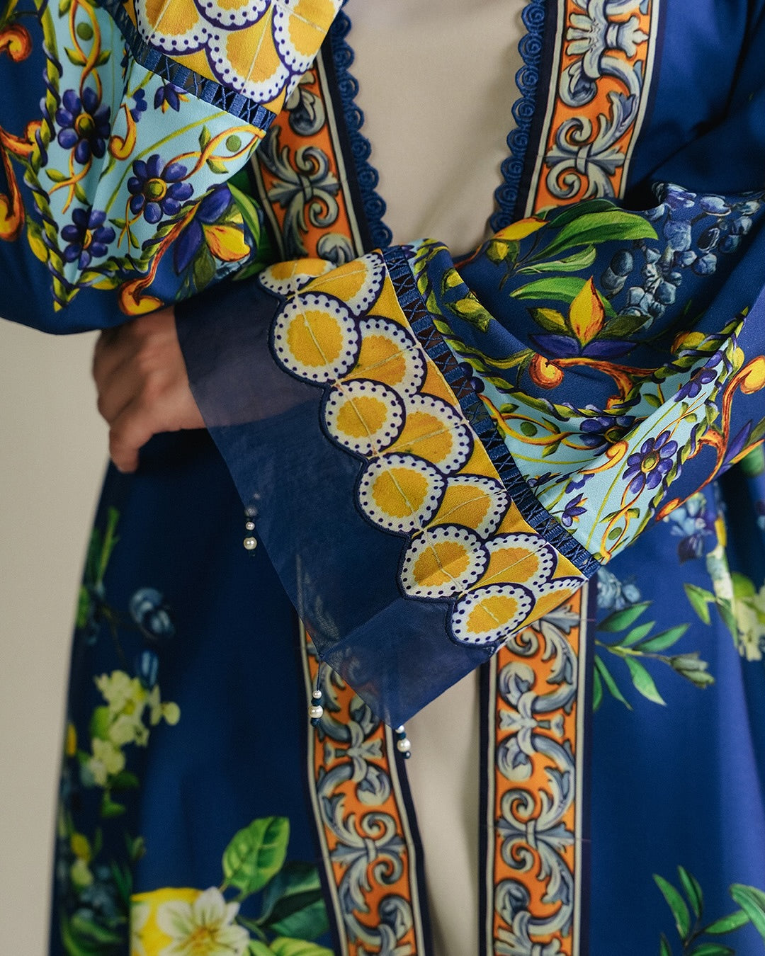 Vibrant Blue Floral Printed Long Open gown