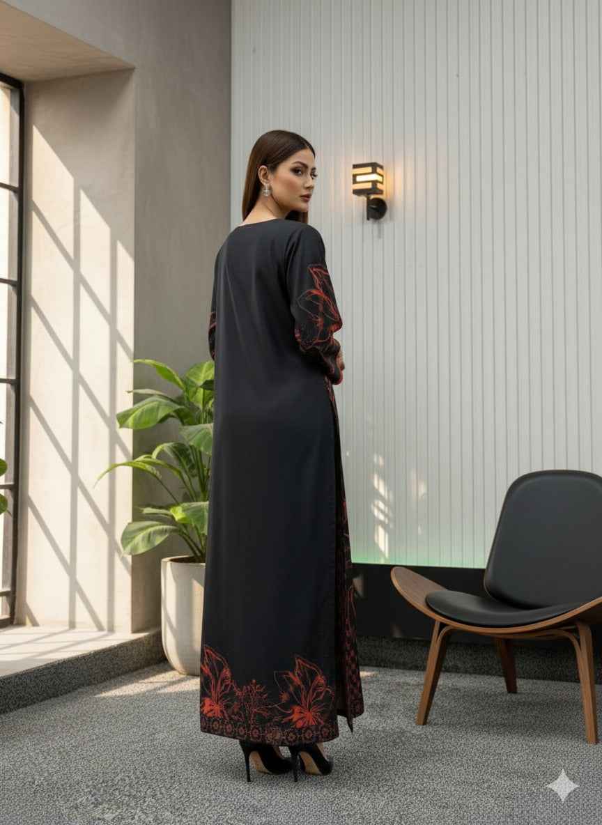 Black Red Digital Printed Long Dress - Stylish Two Piece Outfit