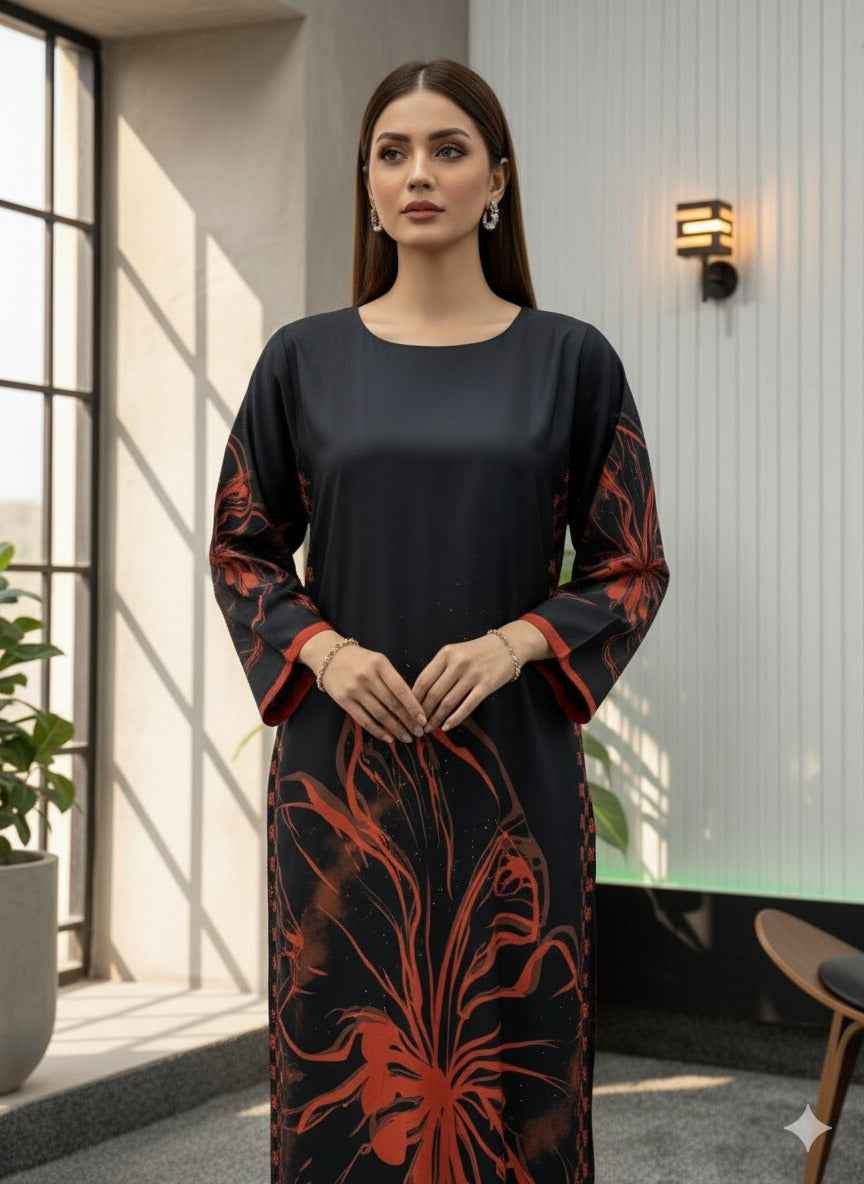 Black Red Digital Printed Long Dress - Stylish Two Piece Outfit