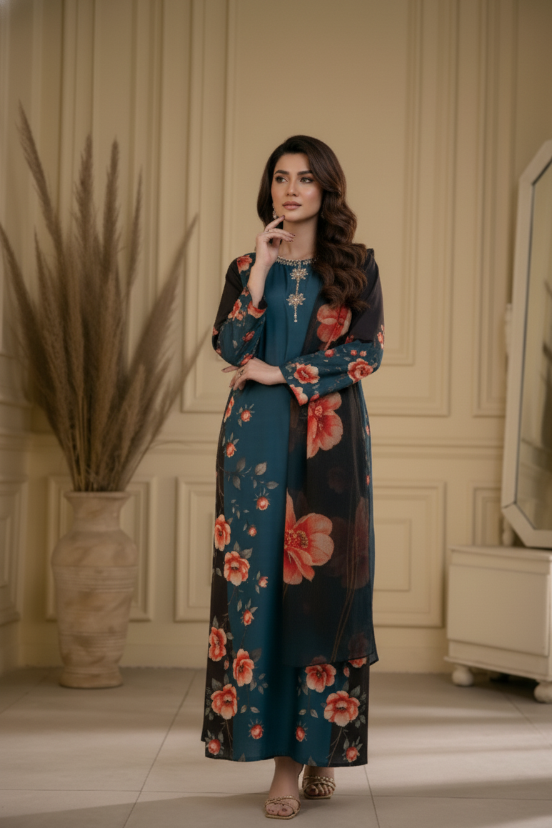 Teal & Black Floral Printed Silk/Satin Three-Piece Ensemble