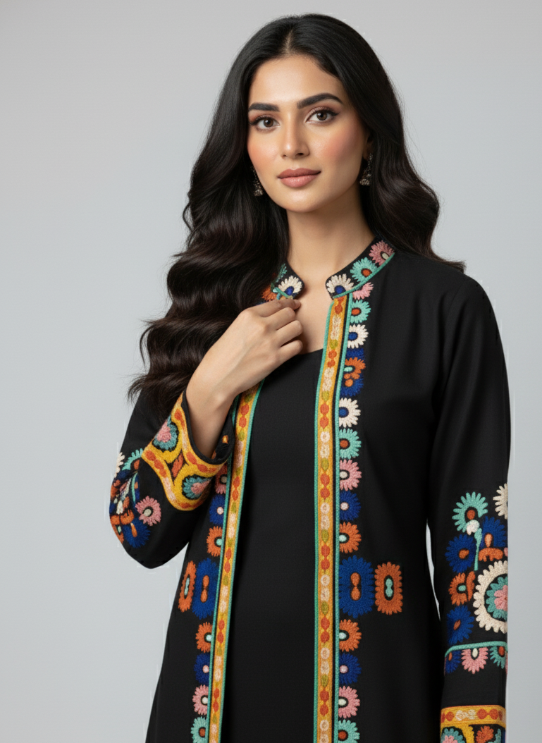 Black Ethnic Print Long Shrug 2-Piece Set (YL 13)