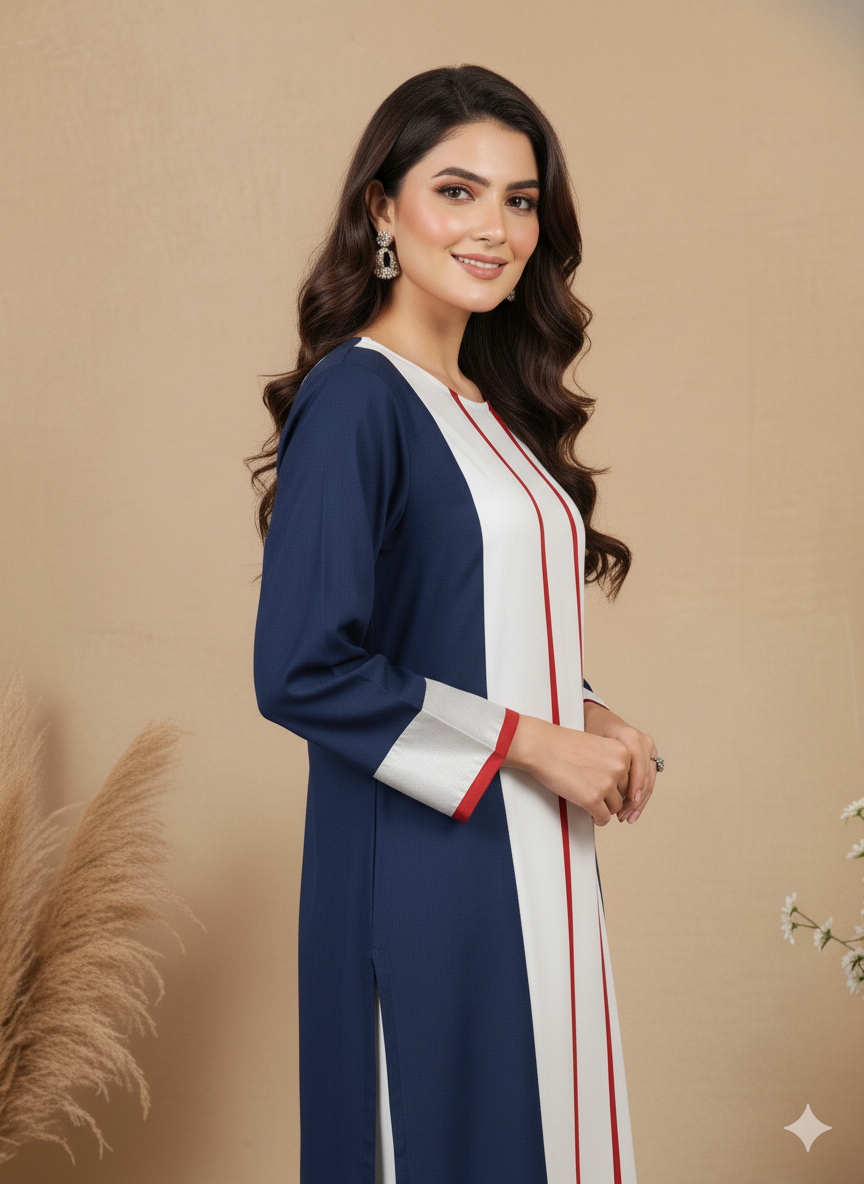 Elegant Navy & Ivory 2-Piece Kurti Set with Contrast Detailing