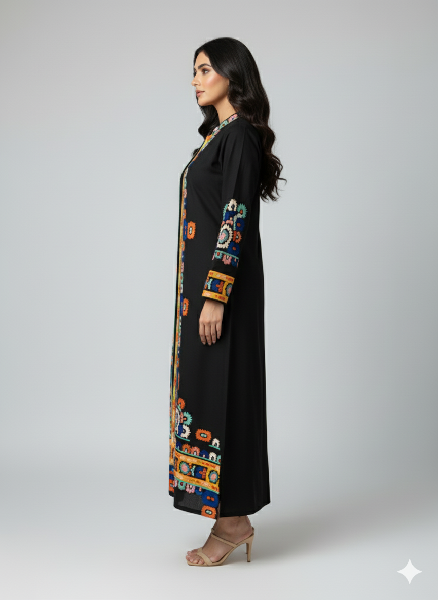 Black Ethnic Print Long Shrug 2-Piece Set (YL 13)