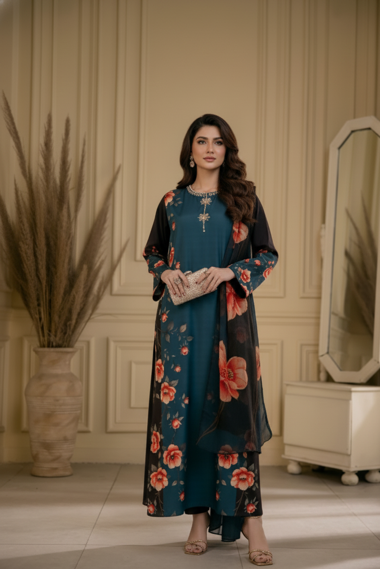 Teal & Black Floral Printed Silk/Satin Three-Piece Ensemble