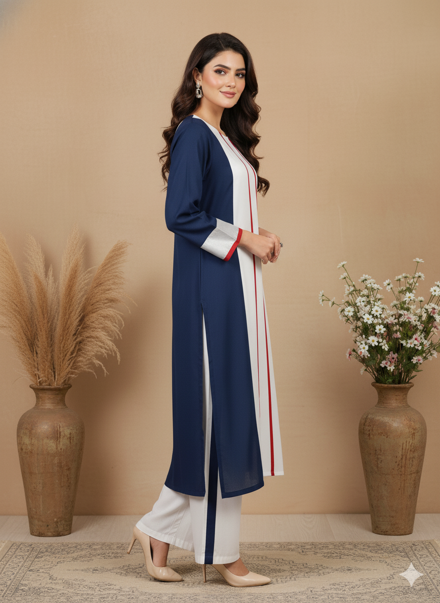 Elegant Navy & Ivory 2-Piece Kurti Set with Contrast Detailing