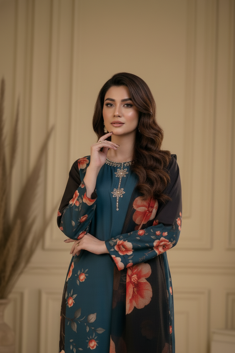 Teal & Black Floral Printed Silk/Satin Three-Piece Ensemble