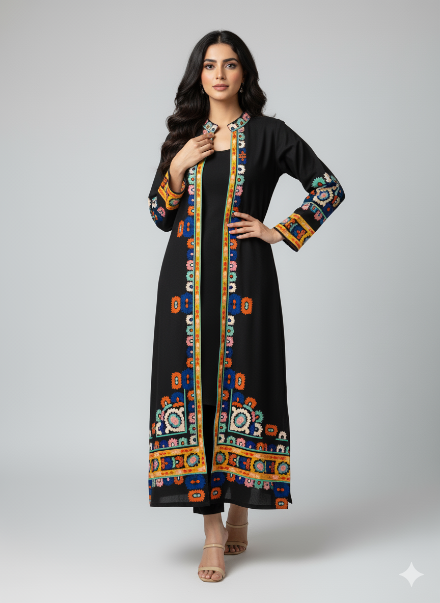 Black Ethnic Print Long Shrug 2-Piece Set (YL 13)