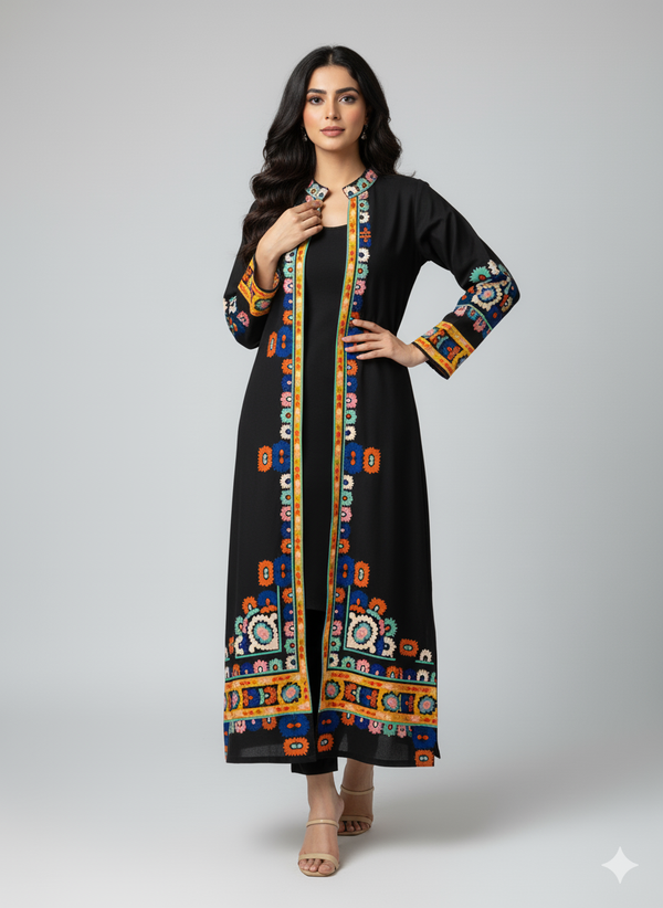 Black Ethnic Print Long Shrug 2-Piece Set (YL 13)