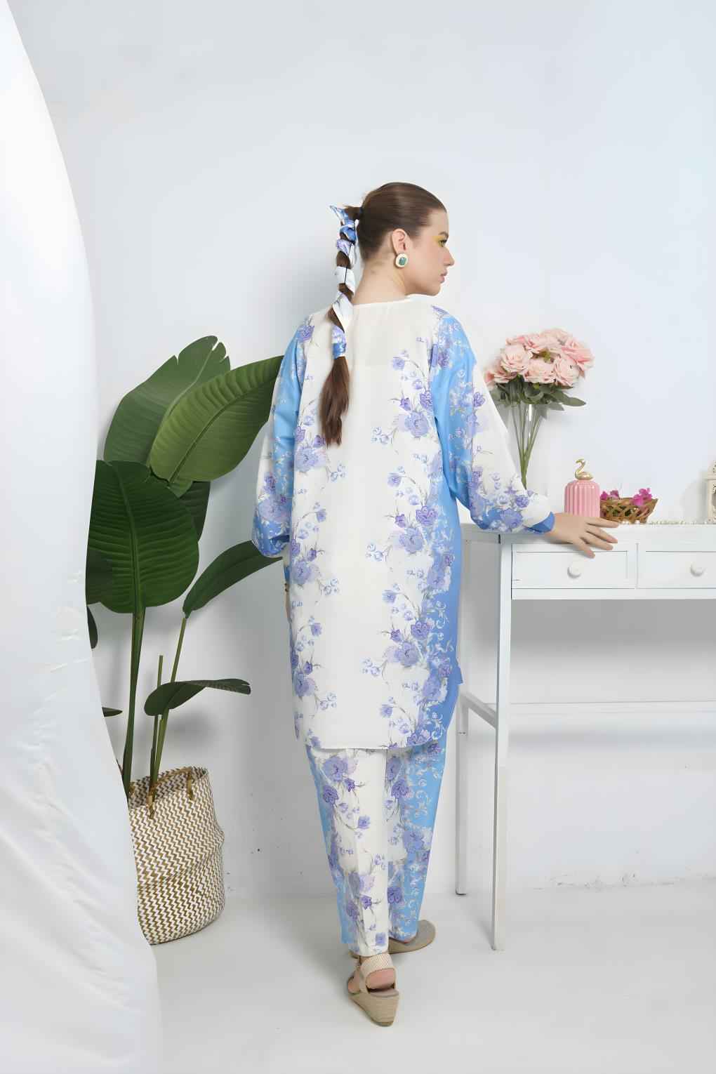 Graceful Blue and White Floral Stitched Co-ord Set, Y-57