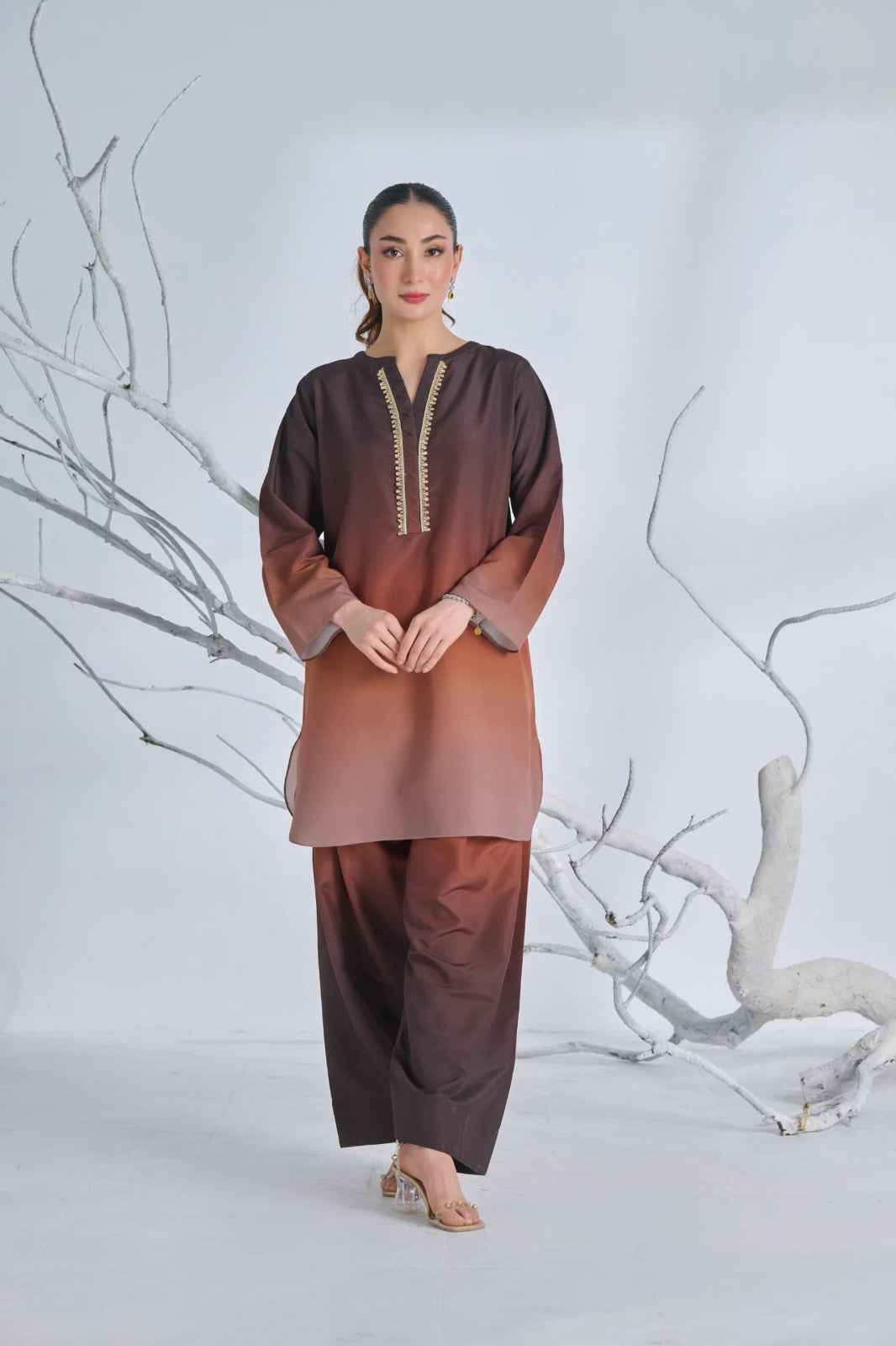 Mocha Glow Korean Crepe Suit - Stylish Two-Piece Set