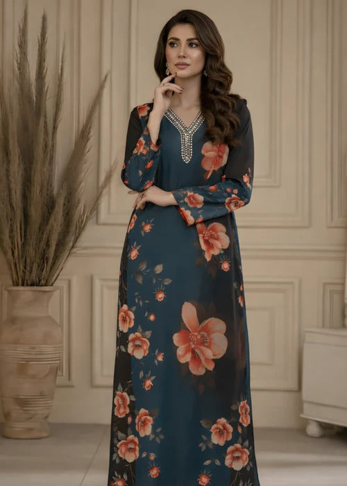 Teal & Black Floral Printed Two-Piece Ensemble YL-164