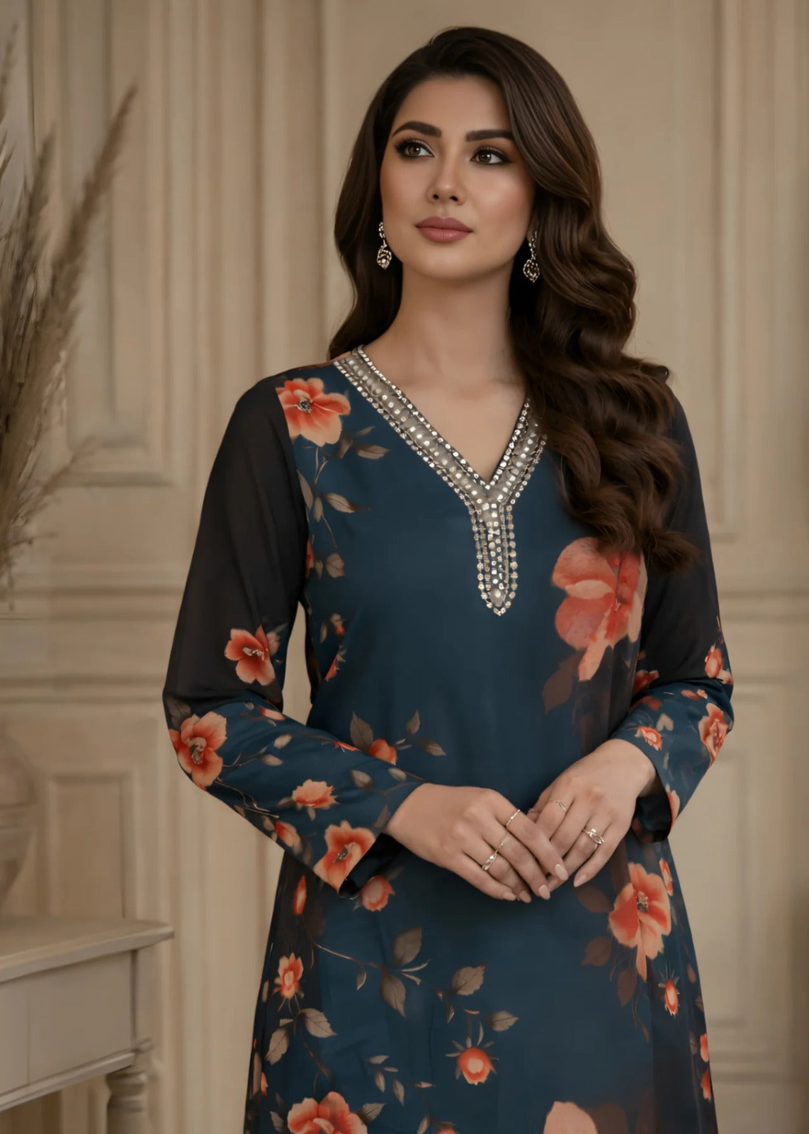 Teal & Black Floral Printed Two-Piece Ensemble YL-164