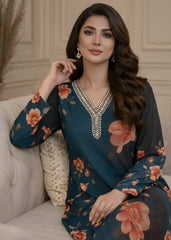 Teal & Black Floral Printed Two-Piece Ensemble YL-164