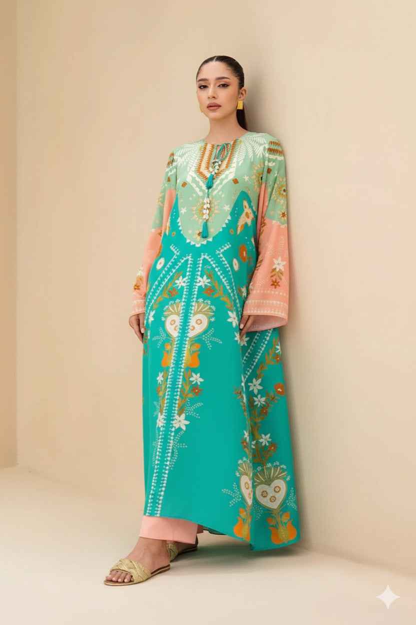Mint Coral Bloom Kaftan – Festive Fusion ( YL 102)